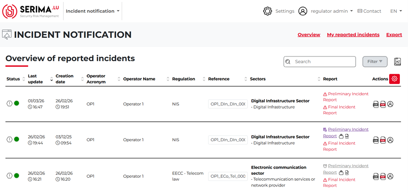 Screenshot of the list of incidents from the regulator view.