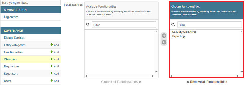 Chosen Functionalities list