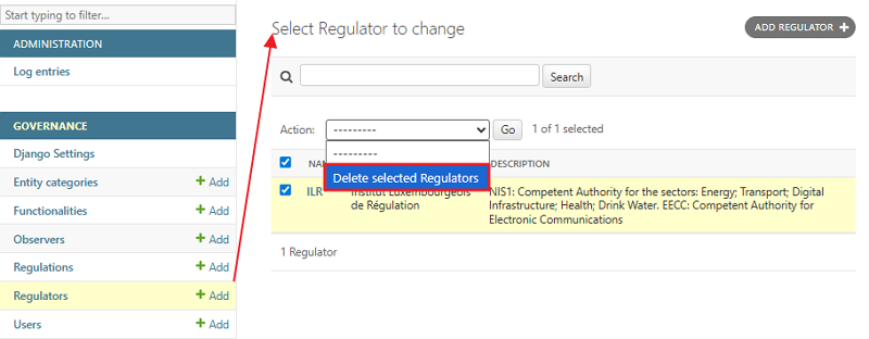 Delete selected Regulators