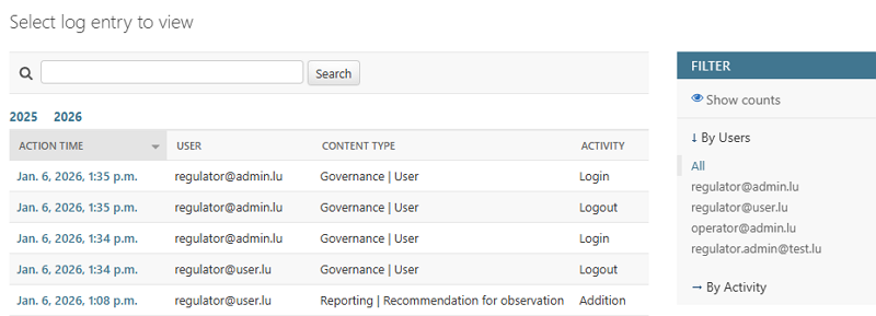 Regulator Admin - Select log entry view