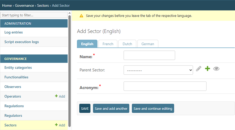 Add Sector screen