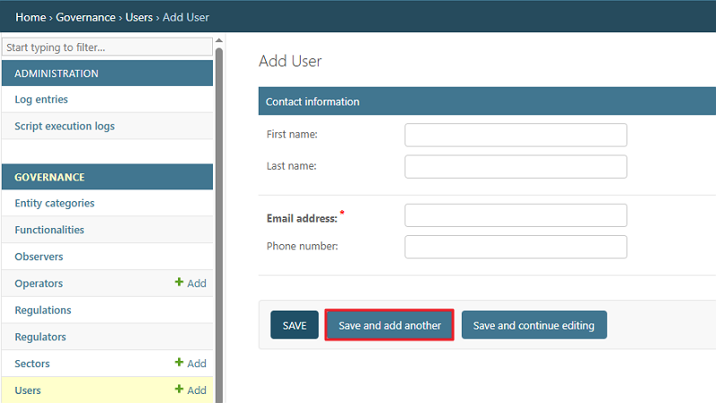 Add User screen