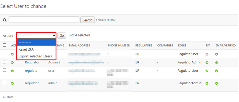 Reset 2FA and export users