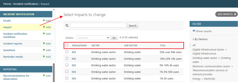 Select Impacts to change