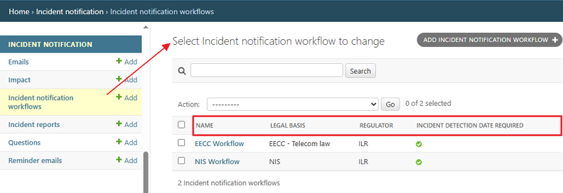 Select Incident notification workflow to change