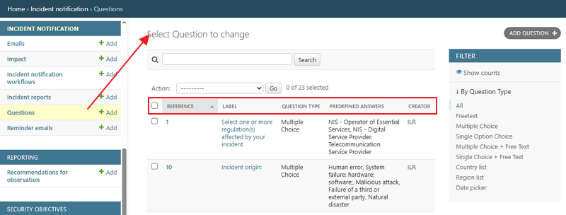 Select Question to change