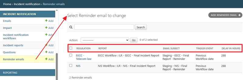Select Reminder email to change