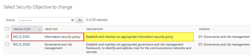 Select Security Objective to change