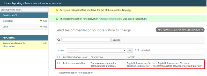 Reporting - Recommendation added
