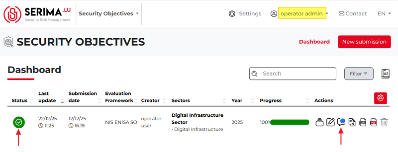 Security Objectives - the Status icon becomes green