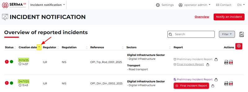 reported incidents view table - sorting