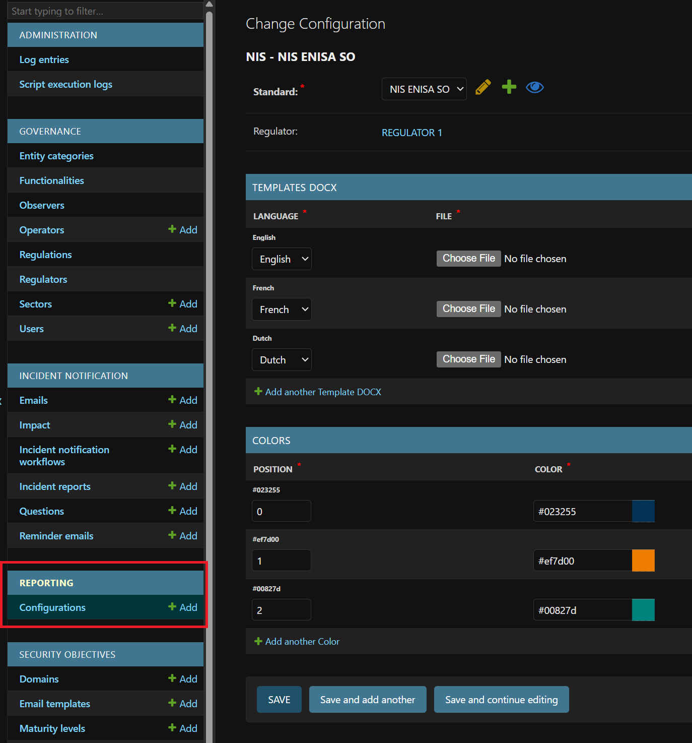 Reporting configuration